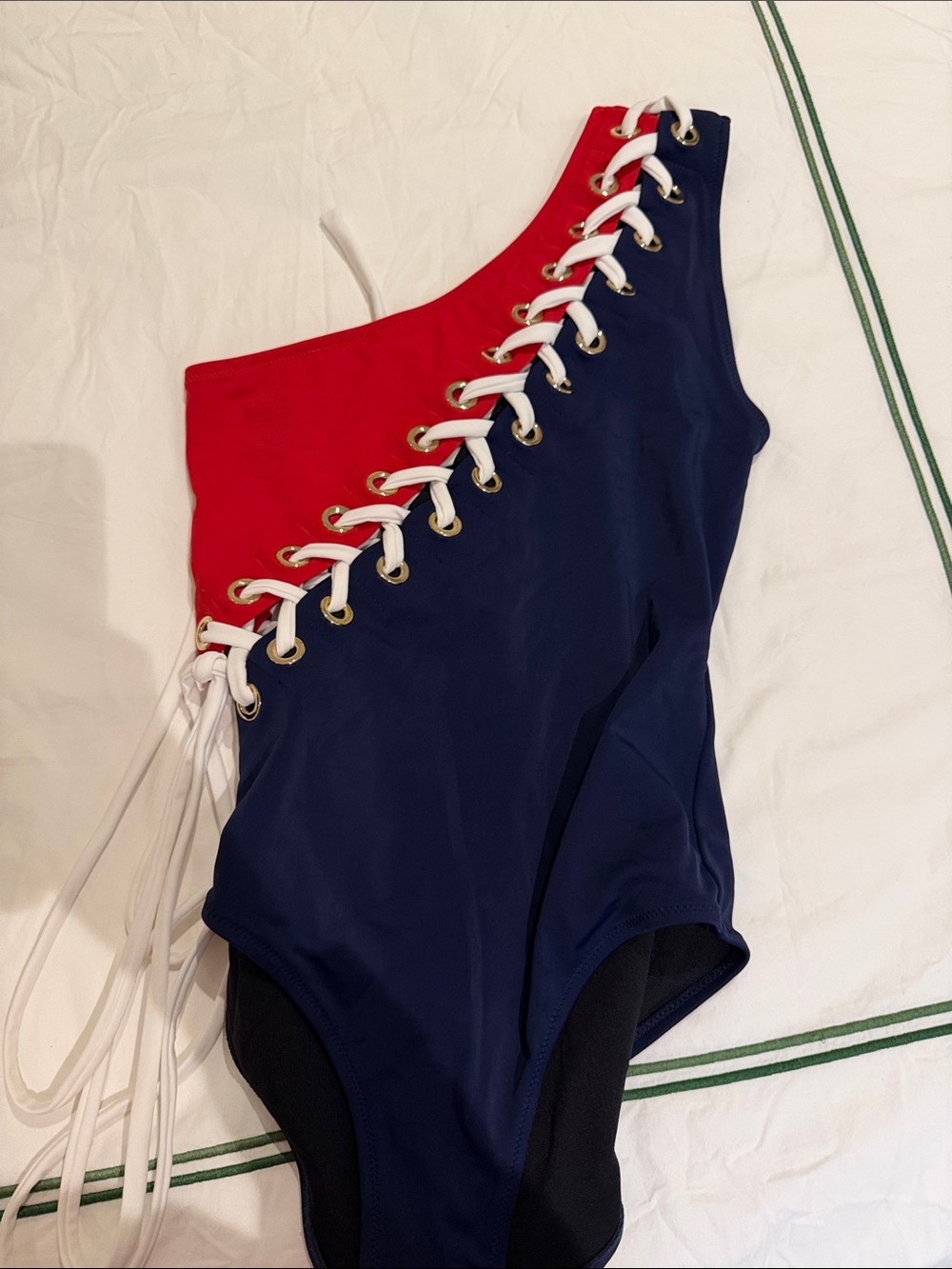 One-Shoulder Red and Navy Lace-Up One-Piece Swimsuit